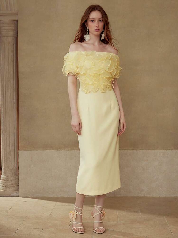 3D FLORAL OFF SHOULDER MIDI DRESS