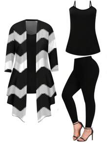 3 件套时尚女士条纹印花休闲套装 - 彩色 - 查看 3