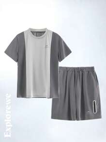 2pcs/Set Boys Light Grey Summer Casual Gym Outdoor Moisture-Wicking Quick Dry Color Block Crew Neck T-Shirt And Reflective Zip-Up Shorts Outfit Set - Grey - View 1