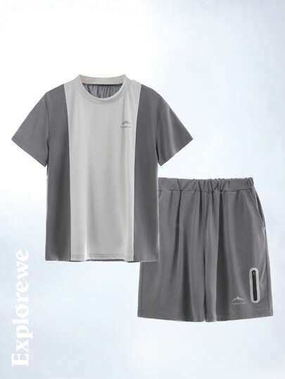 2pcs/Set Boys Outdoor Casual Moisture-Wicking Quick Dry Fabric Color Block Printed Crew Neck T-Shirt And Reflective Zip-Up Shorts Set, Suitable For Spring/Summer Everyday And Travel Wear