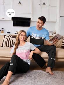 CoupledUp 2 件套男士休闲字母印花拼布睡衣套装，情侣家居服 - 彩色 - 查看 1