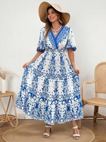 Flirla Plus Size Boho Vintage Floral Fringe Ruffle Dress, Bohemian Style, Spring/Summer