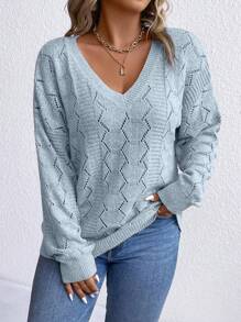 Plus Size Minimalist Pullover Sweater, Solid Color Suitable For Summer Knit Pullover Fall Winter - Blue - View 3