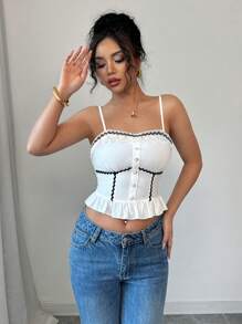 Selianne Women Vacation Casual Ruffle Trim Pearl Button Camisole Top With Slim Fit Ruffle Hem, Black - White - View 6