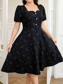 Reflora Plus Size Women's Fashion Elegant Black Square Neck Textured Fabric Short Sleeve Textured Puff Sleeve Front Button Design Waist A-Line Long Dress