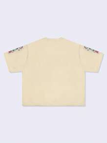 ROMWE MEN Street Life Loose Fit Dropped Shoulder Short Men's Vintage Painting T-Shirt - Apricot - View 3