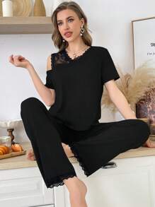 SHEIN Color Block Lace Stitching Oblique Shoulder Casual Short Sleeve Pants Sleepwear Suit - Black - View 5