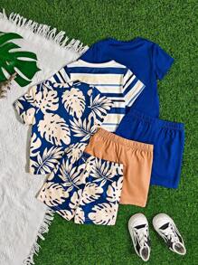 SHEIN Playful Pals Baby Boy 6 Packs Outfit - Stripe, Botanical Print, & Solid Color 3 Different Coordinate Sets, Suitable For Baby Boys To Wear In Summer For Any Occasion, Versatile & Casual Vacation Style - Multicolor - View 2