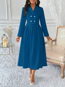 Lyxana Women's Double-Breasted Pleated Suit Skirt Set - Teal Blue - View 6