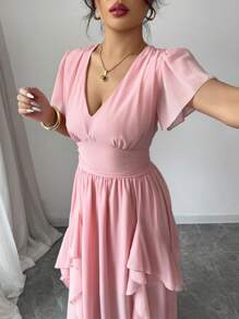 Rafferiza 优雅修身荷叶边下摆连衣裙，法式风格 - 粉色 - 查看 4