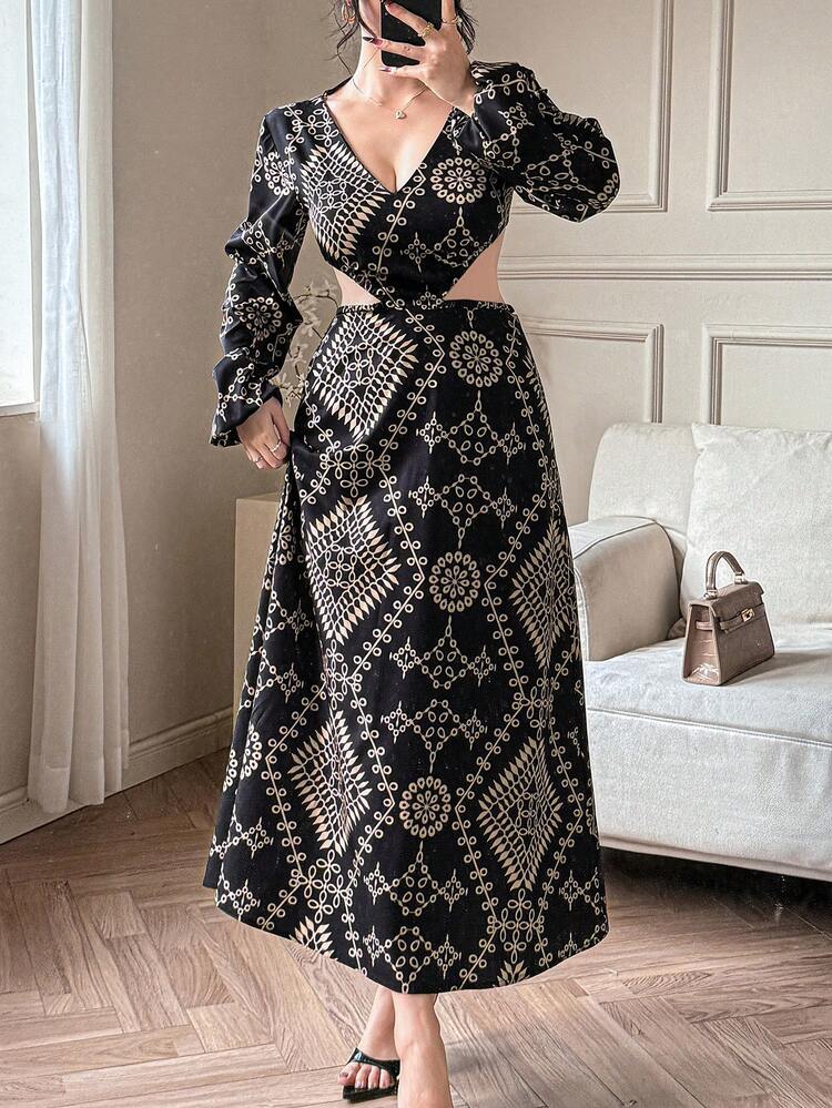 Women's Geometric Pattern Full Print V-Neck Long Midriff Exposed Dress,Fall Dress Long Sleeve Dress