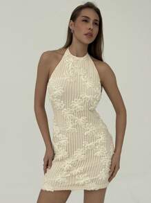 Aloruh Backless Knit Jacquard Halter Dress For Women