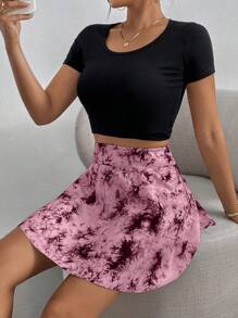 SHEIN Essnce Women's Summer Tie-Dye High Waist Sports Skirt With Side Pockets, Casual & Anti-Exposure
