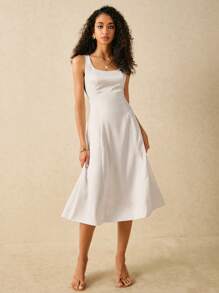 Poéselle Women's Elegant Solid Color A-Line Waist Fit Midi Dress - White - View 5