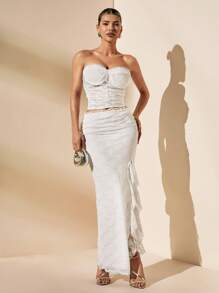 SHEIN BAE White,Summer,Elegant,Seductive,Wedding Bridal Solid Ruffle Lace See-Through Tube Top And Skirt Set,Beach Vacation Night Out Cocktail Party Clothing - White - View 3