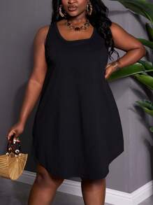 SHEIN CURVE+ Plus Size Women's Casual Loose Black Camisole Dress Boho Vacation
