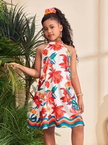 SHEIN Vestido informal hasta la rodilla de línea A, de tejido, sin mangas, con cuello de pie, hombros abiertos, estampado floral tropical colorido, para niña preadolescente, conjunto familiar a juego