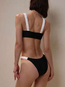 SHEIN Swim Black & White Contrast Color Minimalist Sexy Sports Bikini Set, For Summer Beach Vacation - Black and White - View 2