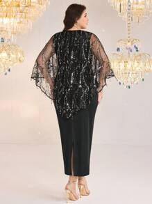 Modelyn Plus Size Elegant Party Sequined Mesh Top & Sleeveless Dress 2pcs Set