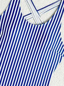 Swim SPRTY Women Summer Sleeveless Criss-Cross Backless Striped Printed Casual One Piece Swimsuit Beach Outfit