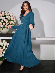 Modelyn Women's Elegant Commuter Fitted Pleated Long Dress, Suitable For Daily And Formal Wear Fall Cloth For Women - Teal Blue - View 4
