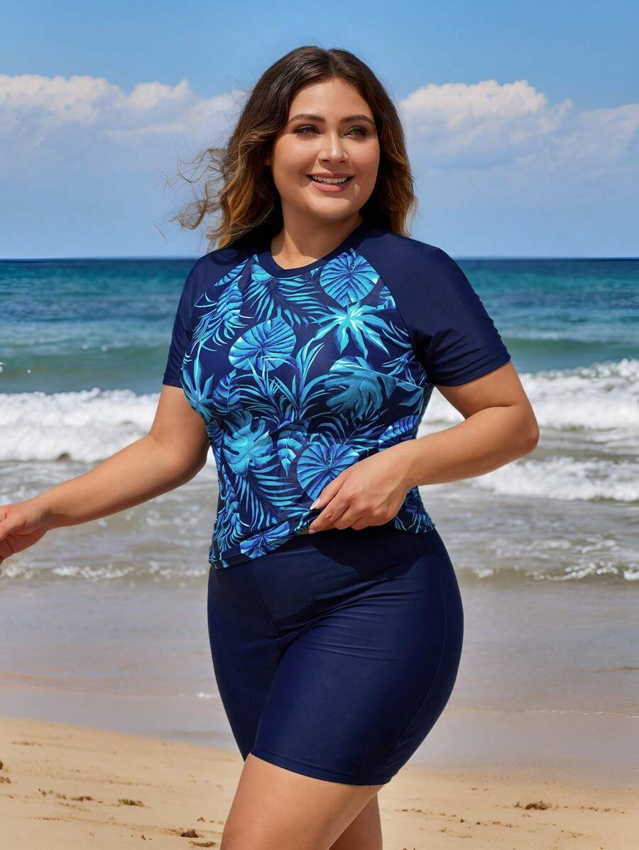 Swim Lushoire Plus Size Women Summer Beach Contrast Tropical Print Rashguard Set For Beach Vacation - Navy Blue - View 1
