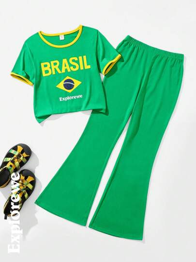 2 件套青少年女孩休闲户外巴西国旗和文字印花圆领短袖 T 恤和裤子套装，夏季