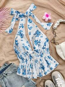 Flirla Plus Size Backless Floral Print Tank Top