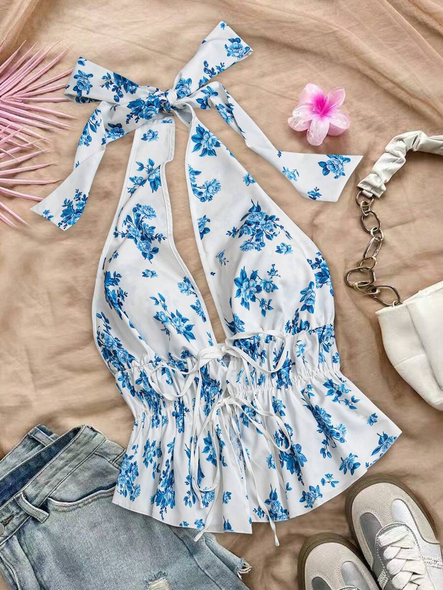 Flirla Plus Size Backless Floral Print Tank Top