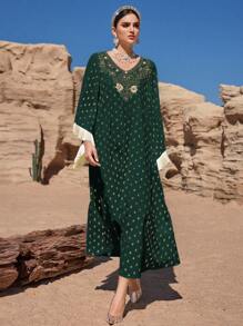 Al Najma Women's Turkish/Arabian Style Traditional Maxi Long Dress Kaftan Jalabiya Dress - Dark Green - View 2