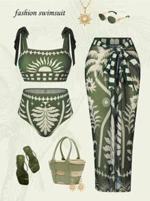 Swim Oasis Plus Size Women 3 Pieces Set: Tie Shoulder Top & Bottom Bikini Set & Cover Up Skirt, Hawaii Outfit Suitable For Beach Vacation, Summer