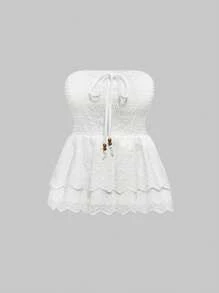 ROMWE Hippie 女士双层刺绣串珠衬衫，夏季假期 - 白色 - 查看 1