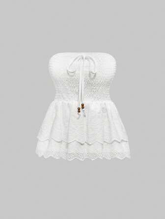 Hippie Damen Bluse mit doppelter Lage, Stickerei und mit Perlen verziert, Sommer Urlaub