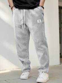 Manfinity Homme Men's Drawstring Waist Letter & Striped Patch Pocket Pants,Men's Casual Daily INS Striped Style, Loose, Fashionable And Handsome, A Gift For Husband, Boyfriend And Father, Sports And Comfortable Fabric, Outdoor Travel, Commuting To Work, Beautiful INS Versatile Item, Essential For Spring And Summer,Straight Leg Pants,Linen Pants,Breathable,Casual Pants,Best Seller