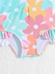 Baby Girl Printed Ruffled One-Piece Swimsuit With Hat (Random Print) - Multicolor - View 6