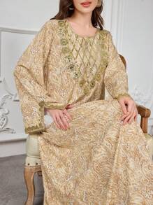 Al Najma 女式套头束腰外衣，佩斯利花纹和金色亮片领，土耳其和阿拉伯传统长裙，朴素的卡夫坦 - 卡其色 - 查看 5