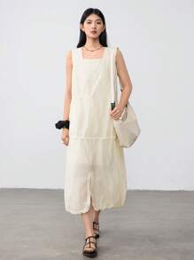 DAZY Women's Linen Minimalistic Tie-Up Slit A-Line Sleeveless Midi Dress Old Money Style,Casual Women Dresses Business Casual Woman Work Clothes - Beige - View 3