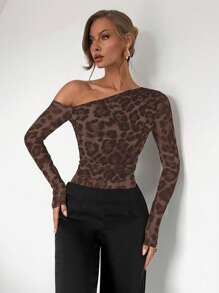 Almamuse Damen Mode Leoparden Muster Mesh Schulterfreie Langarm Bodys