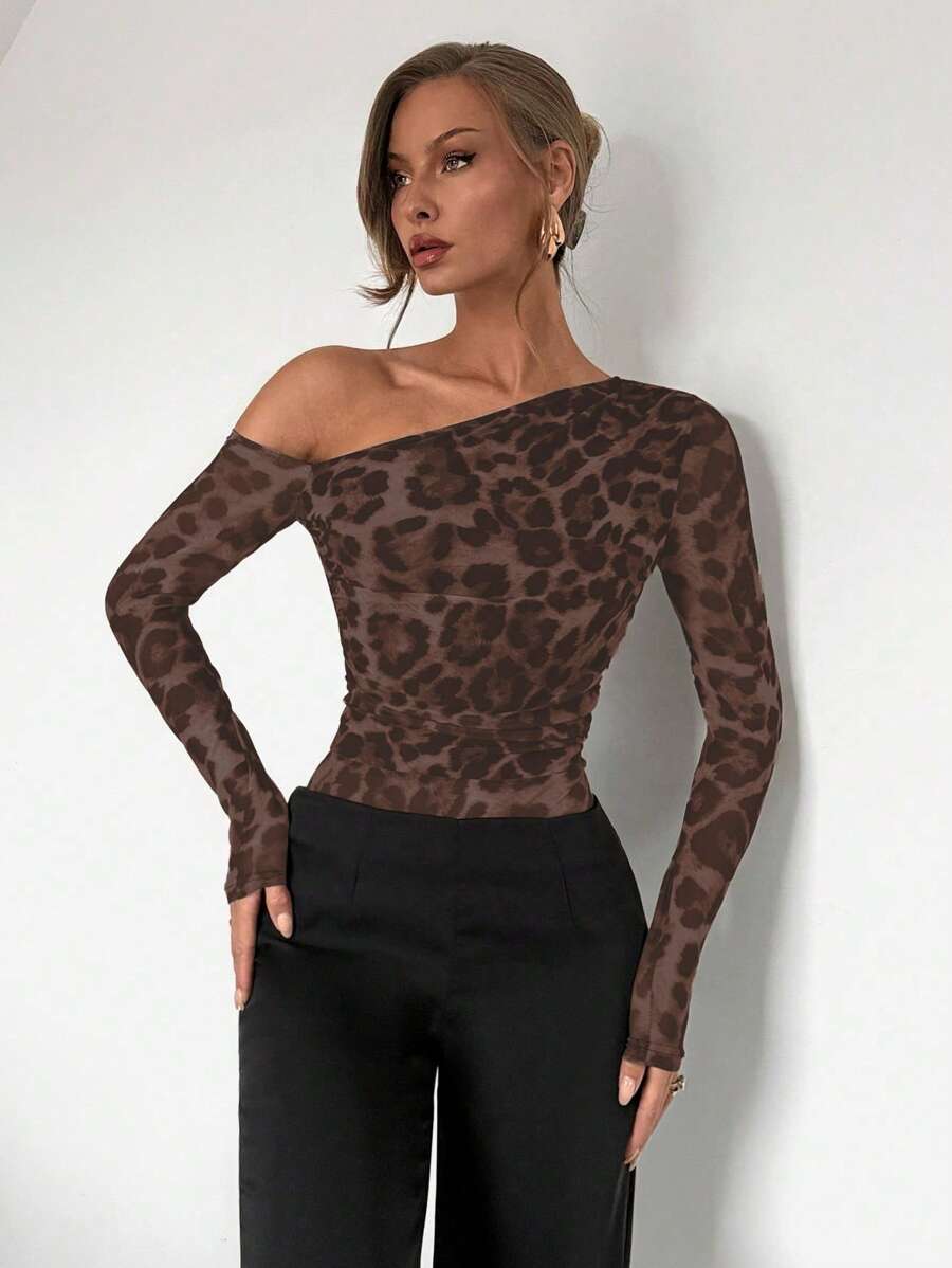 Almamuse Damen Mode Leoparden Muster Mesh Schulterfreie Langarm Bodys