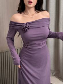 Modelyn Off Shoulder Long Sleeve Bodycon Asymmetrical Hem Mesh Overlay Elegant Dress - Purple - View 5