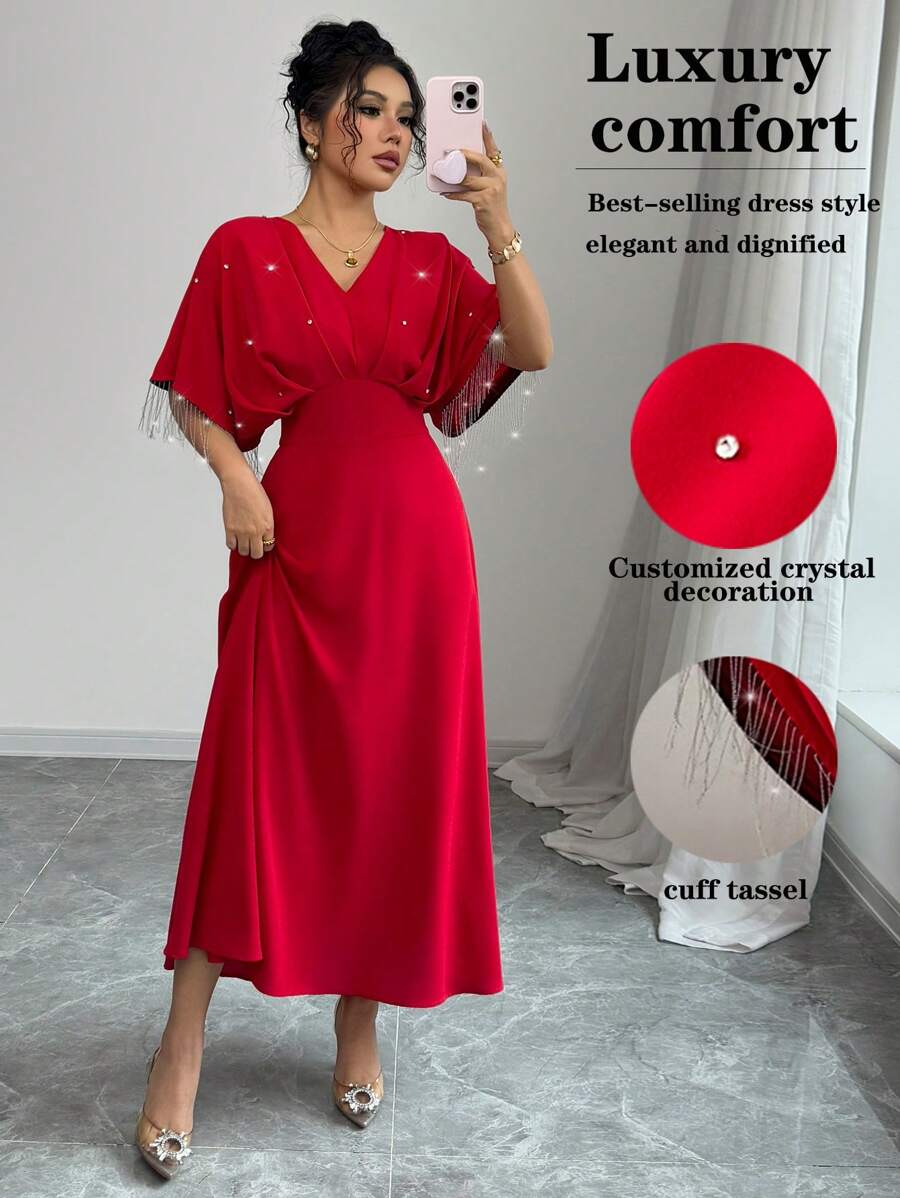 Chiquease 女士休闲 V 领收腰 A 字形连衣裙，优雅，适合派对、约会、奢华、阿拉伯、简约、日常穿着 - 紅色 - 查看 1