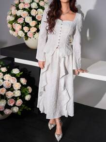 Modelyn Damen elegantes Partyset mit romantischem Blumen-Jacquard-Strick, bestehend aus Quadrat-Kragen-Top und Rock, 2-teilig