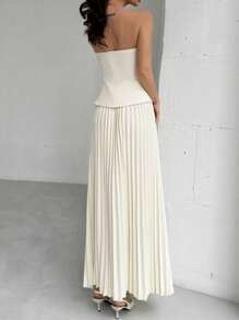 Firerie Women Elegant Commute Tube Top And Pleated Skirt 2 Pieces Set, Minimalist Commute 2 Pieces Outfit, Pleated Skirt Two Pieces Set, Apricot Color Skirt Two Pieces Suit, Teacher Set, Commuter Two Pieces Suit, Commuter, Elegant, Teacher's Day Clothing, Commuter Party, Work Two Pieces Set, Wedding Two Pieces Set, Suitable For Commuting, Daily Wear, Spring /Summer