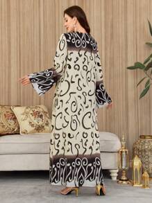 Al Najma 女式印花拼布长袖简约休闲长款阿拉伯连衣裙，阿拉伯连衣裙，端庄 - 彩色 - 查看 2