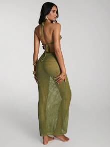 SHEIN BAE Solid Color 3D Floral Decor Halter Backless Sweater Vest And Long Sheer Skirt Suit - Green - View 2