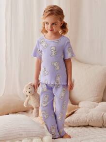 2pcs/Set Young Girl Casual Cute Cartoon Bear Print Short Sleeve Top And Pants Homewear Sets