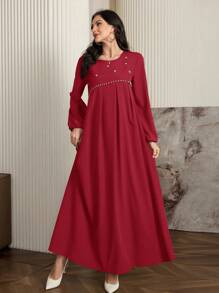 Al Najma 女式优雅长袖阿拉伯风格连衣裙，带串珠装饰，优雅 A 字型阿拉伯连衣裙，适合日常休闲