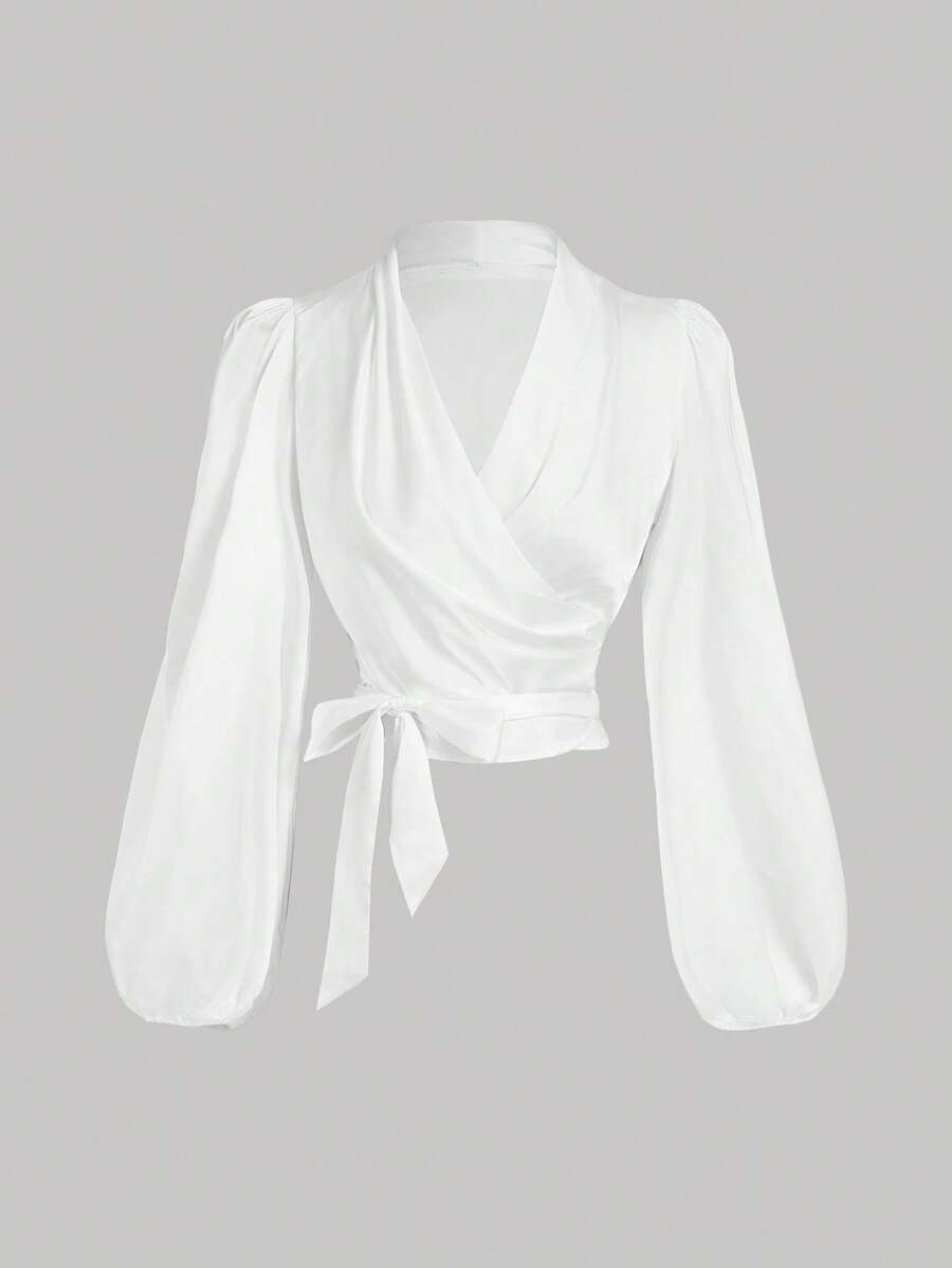 SHEIN MOD 女士白色环绕式系带蝴蝶结蝙蝠袖衬衫、女士衬衫、闪光衬衫、新年上衣