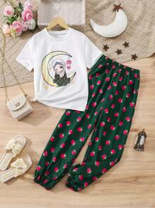 2pcs/Set Tween Girl Retro Print T-Shirt & Retro Printed Pants Set - Green - View 1