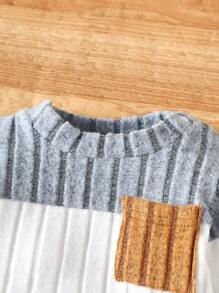 SHEIN 2 件套新生儿休闲彩色口袋舒适条纹针织圆领长袖 T 恤和松紧腰裤套装，适合春秋冬季